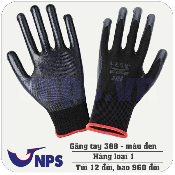 găng tay 388 màu đen găng sợi polyester phủ cao su nitrile màu đen